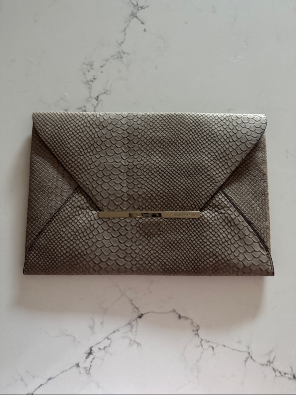 Vintage BCBGMaxAzria Metallic Grey-Beige Snake-Embossed Envelope Clutch